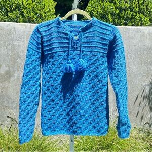 Knitted Blue Sweater with Red Details